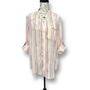 KUT From The Kloth White Striped Chiffon Sheer Roll Tab Sleeve Boho Coastal Sz L